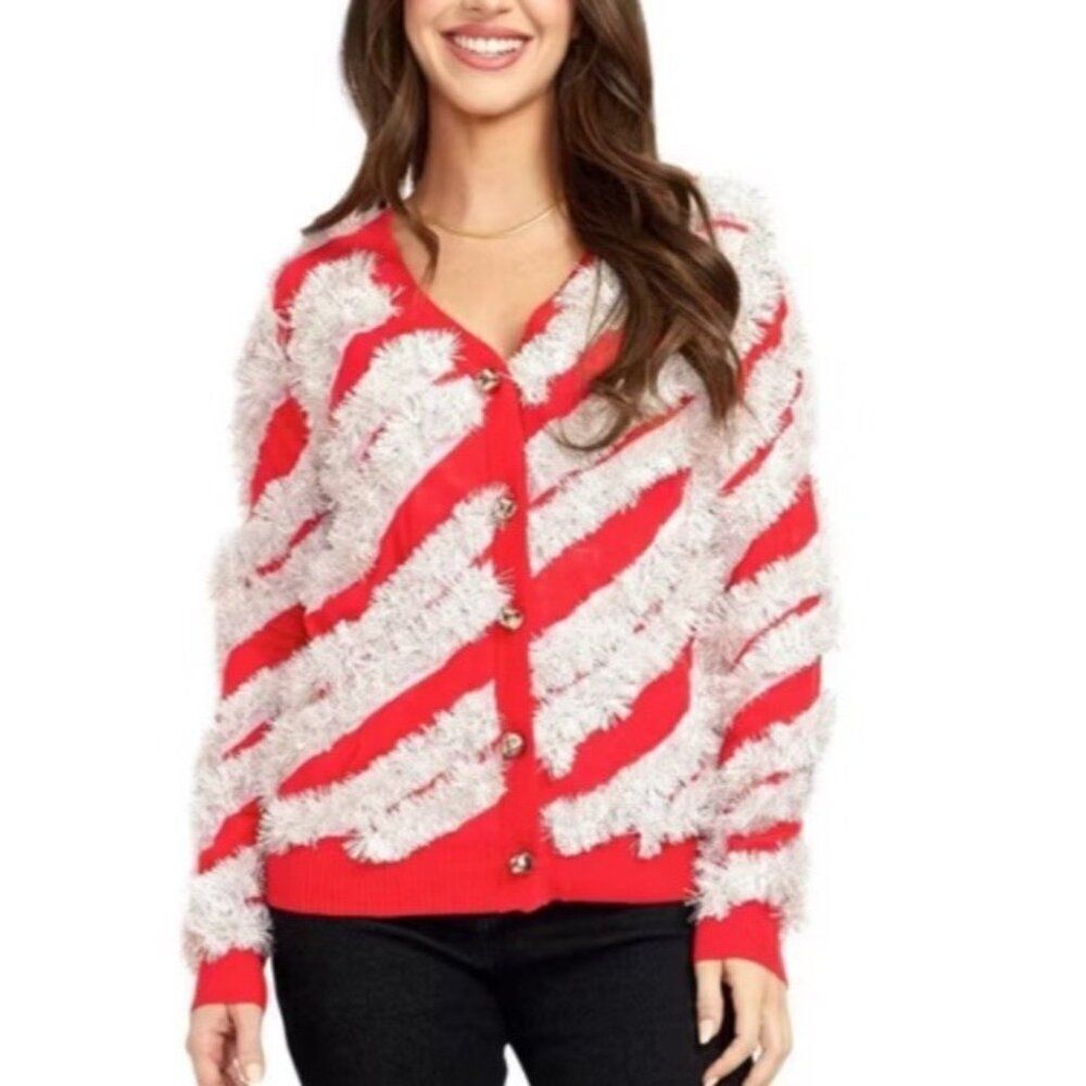 Ladies XXL Candy Cane Christmas Bells Silver Garland Ugly Sweater Cardigan NWT